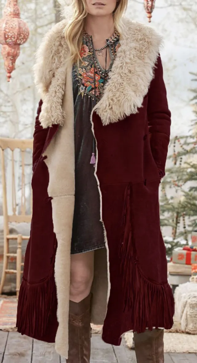 Women's Plush Lapel Fringe Long Coat
