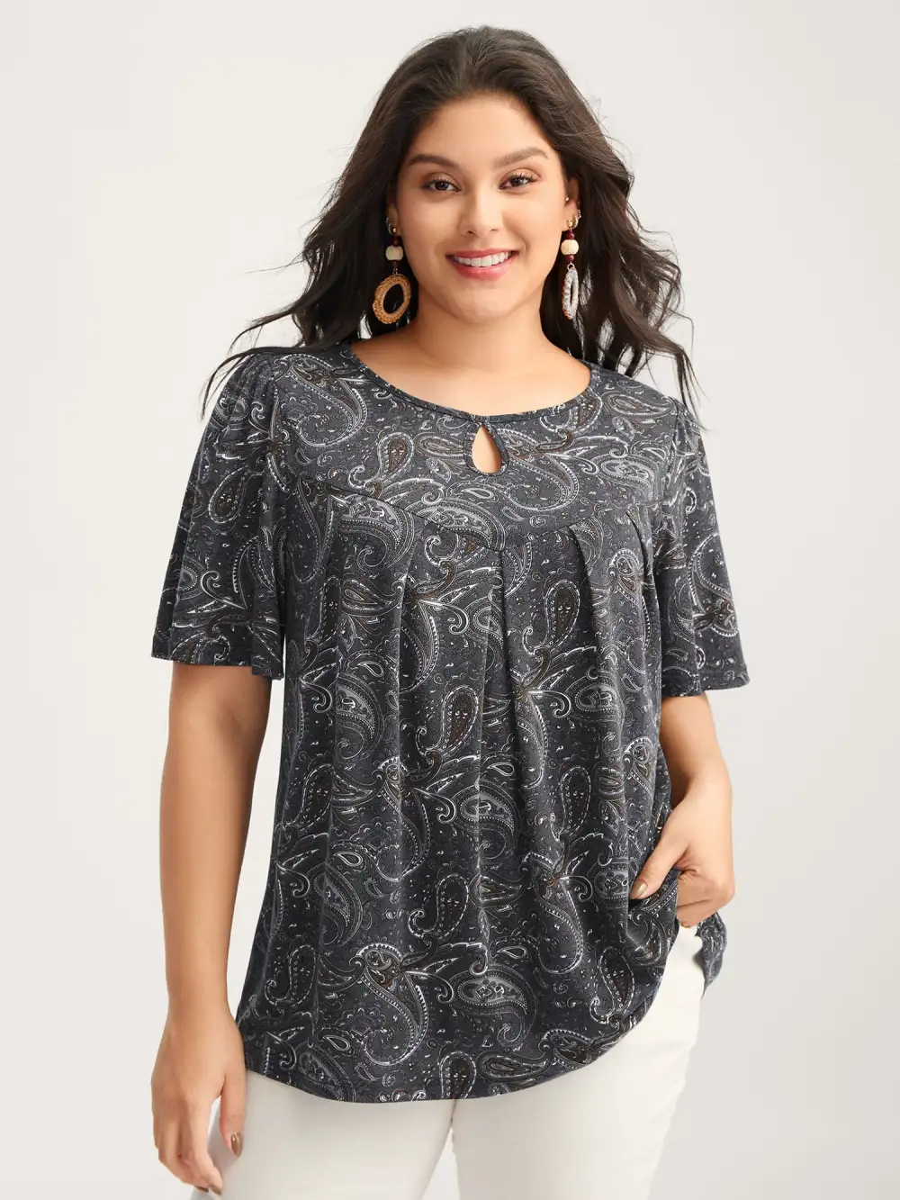 Paisley Print Neck Cut-Out Pleated Top