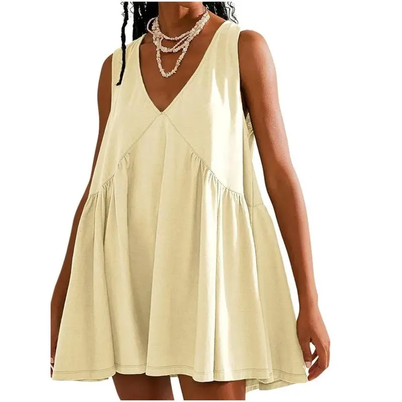 Womens Summer Sleeveless Mini Dress Casual Loose V Neck Sundress with Pockets