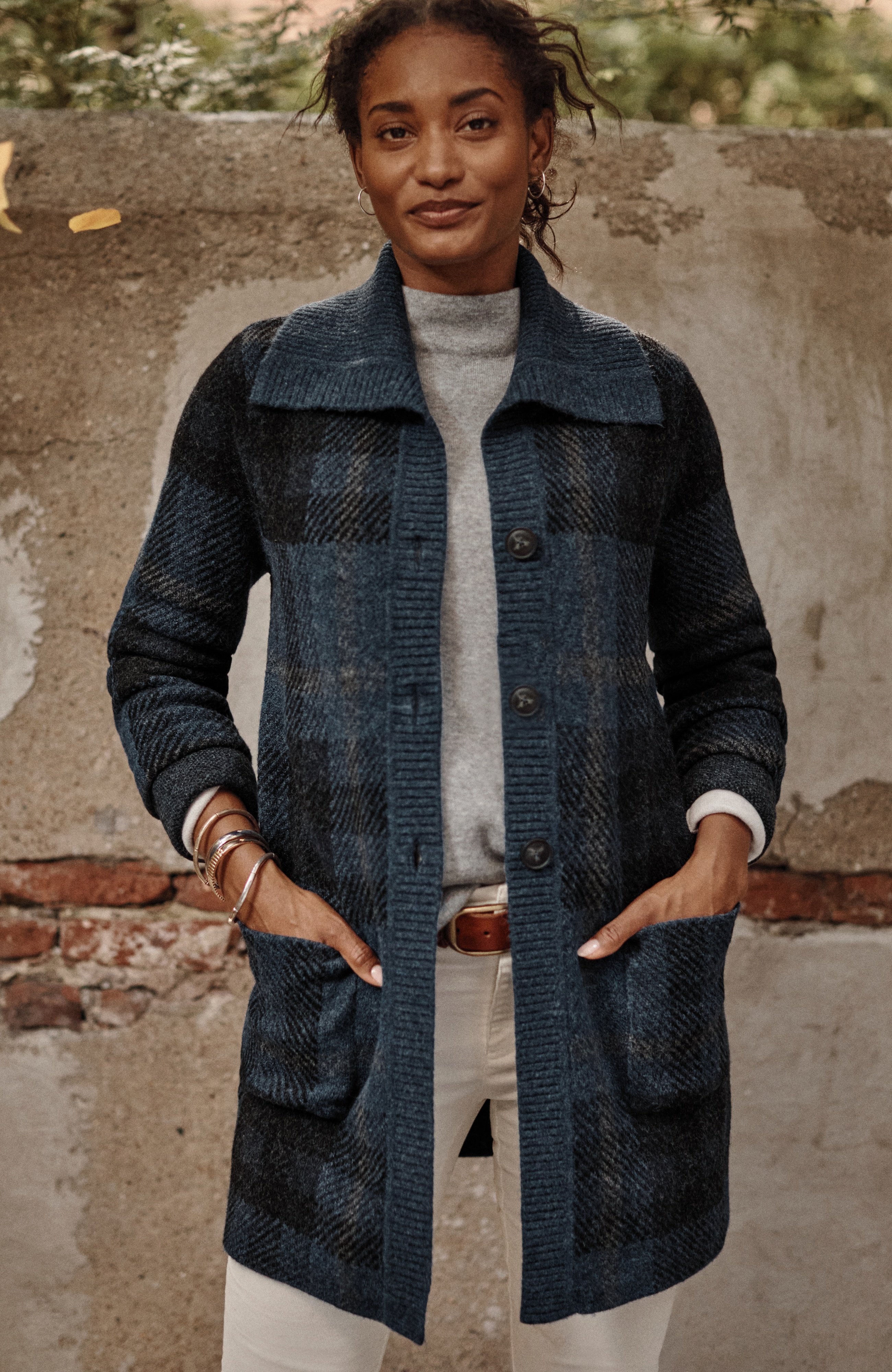 Ribbed-Collar Plaid Sweater-Jacket
