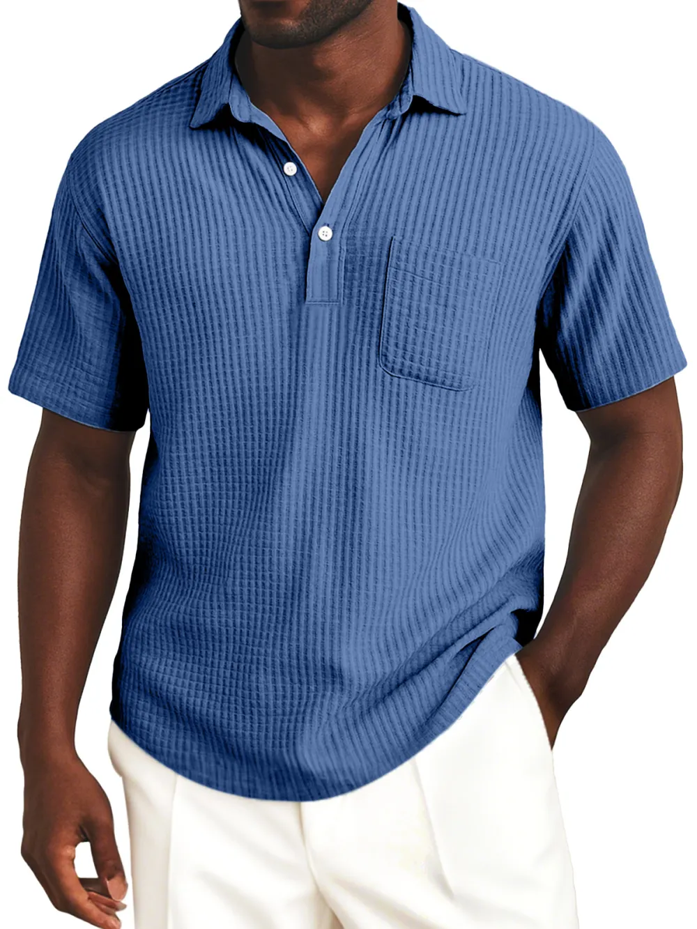 Men's Simple Everyday Solid Color Waffle Lapel Button-up Polo Shirt