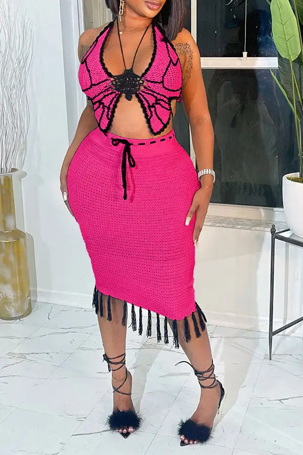 Crochet Butterfly Patchwork Tassel Dress Set