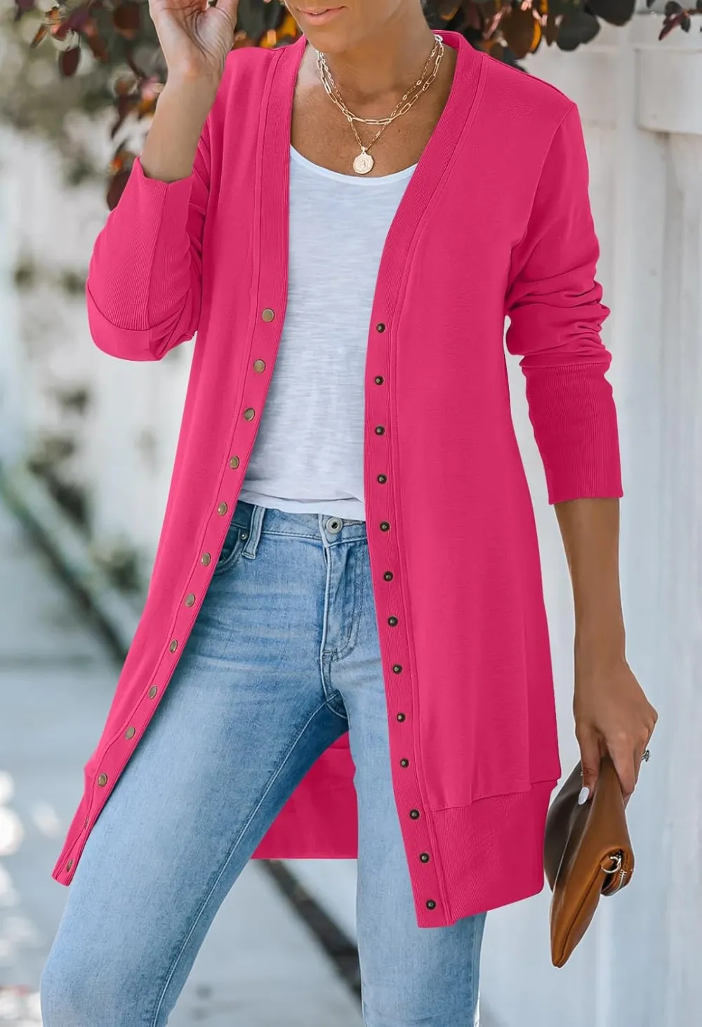 Women's 2024 Fall Long Sleeve Snap Button Down Solid Color Knit Ribbed Neckline Cardigans