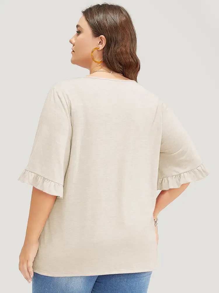 Solid Gathered Ruffle Trim Flounce Sleeve T-shirt