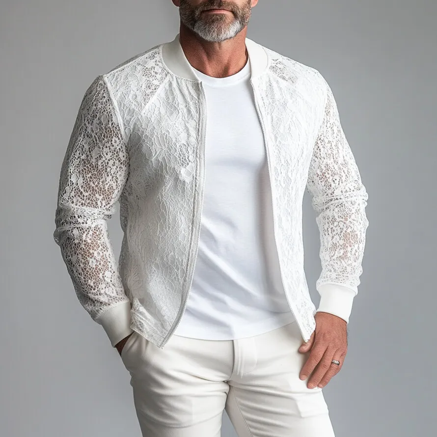 Men's Lace Hollow Out Long Sleeve Zip Up Bomber Jacket