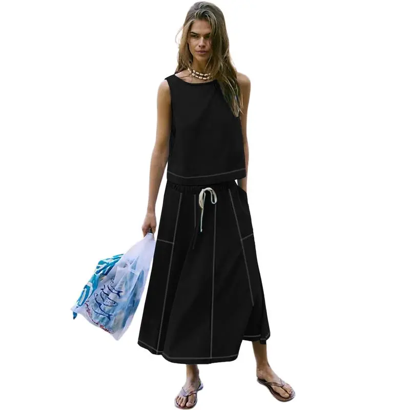 Women's Two-Piece Summer Skirt Set – Sleeveless Crop Top & Elastic Waist Maxi Skirt with Pockets