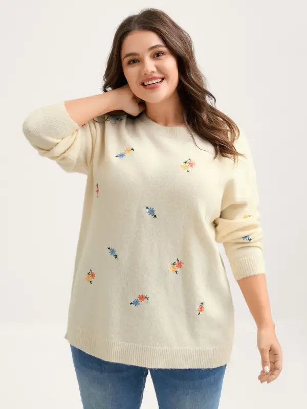 Micro Floral Embroidery Ribbed Hem Pullover