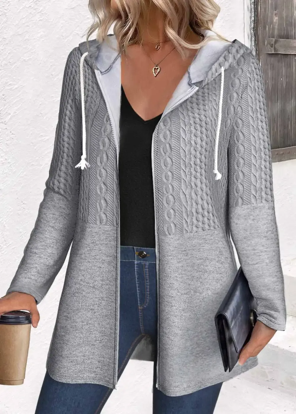 Grey Patchwork Long Sleeve Hooded Coat