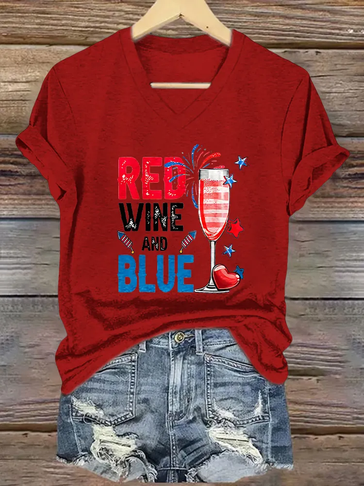 Women's America 1776 Red Wine And Blue Print Short Sleeve Round Neck Cotton T-Shirt