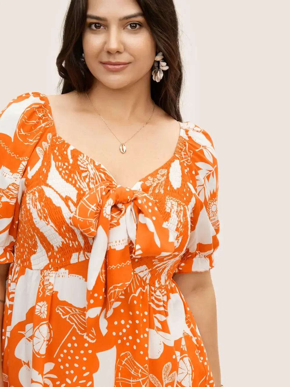 Tropical Print Bowknot Shirred Lantern Sleeve Blouse