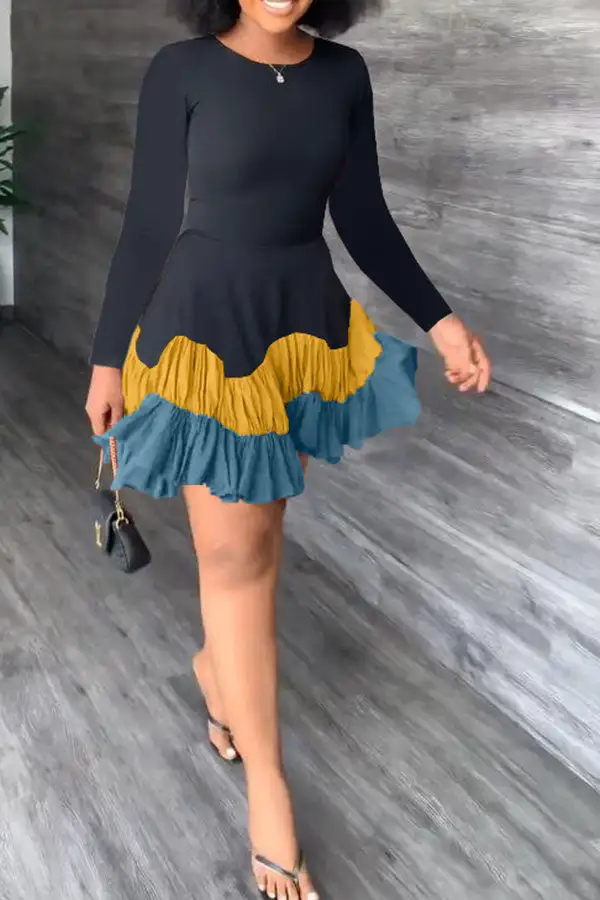 Color Block Classic Tiered Ruffle Mini Dress