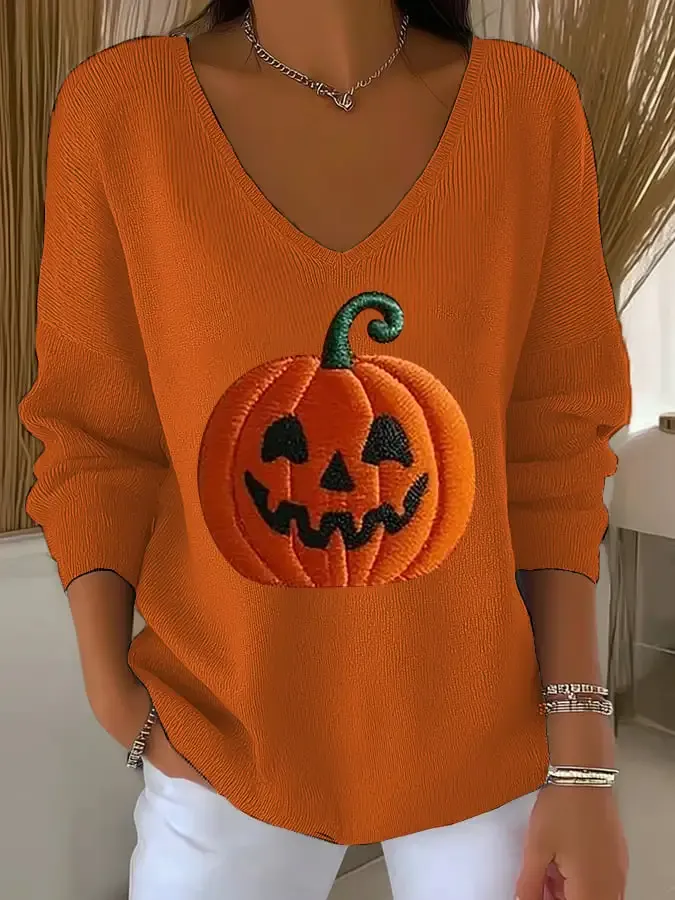 Women's Retro Autumn Pumpkin Print Sweater