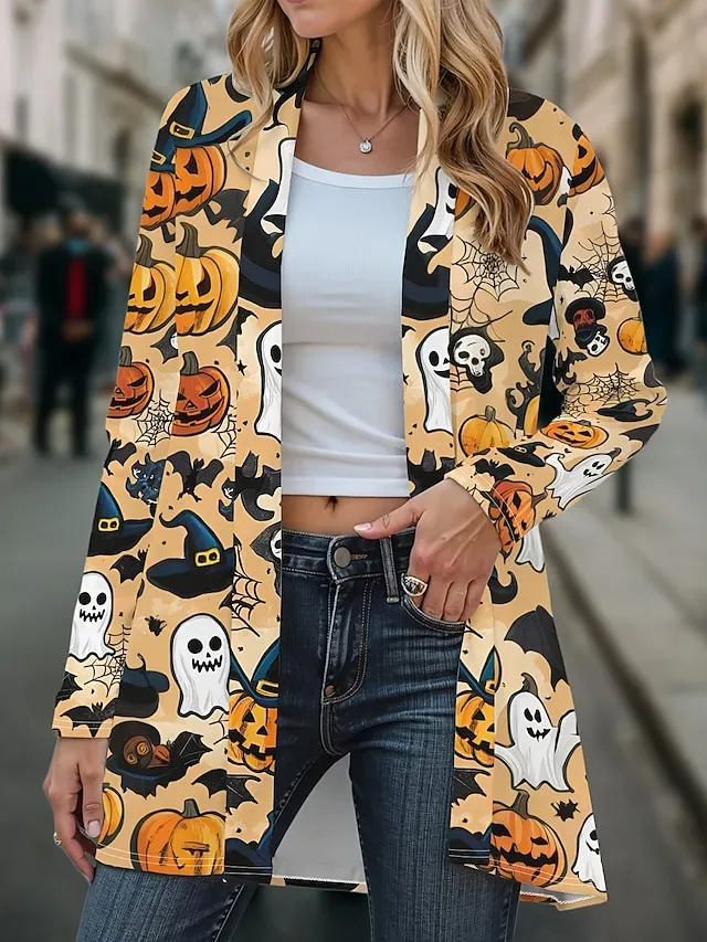 Halloween Women's Coat Lightweight Comfortable Pumpkin Print Vintage Artistic Casual Skull Casual Long Collarless Regular Fit Long Sleeve Outerwear Black White Pink Spring Fall