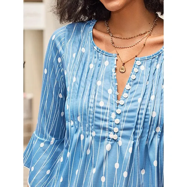 Women's Plus Size Shirt Tunic Henley Shirt Tunic Shirts Polka Dot Striped Print Flowing tunic Casual Daily Elegant Boho Long Sleeve V Neck Red Spring Fall