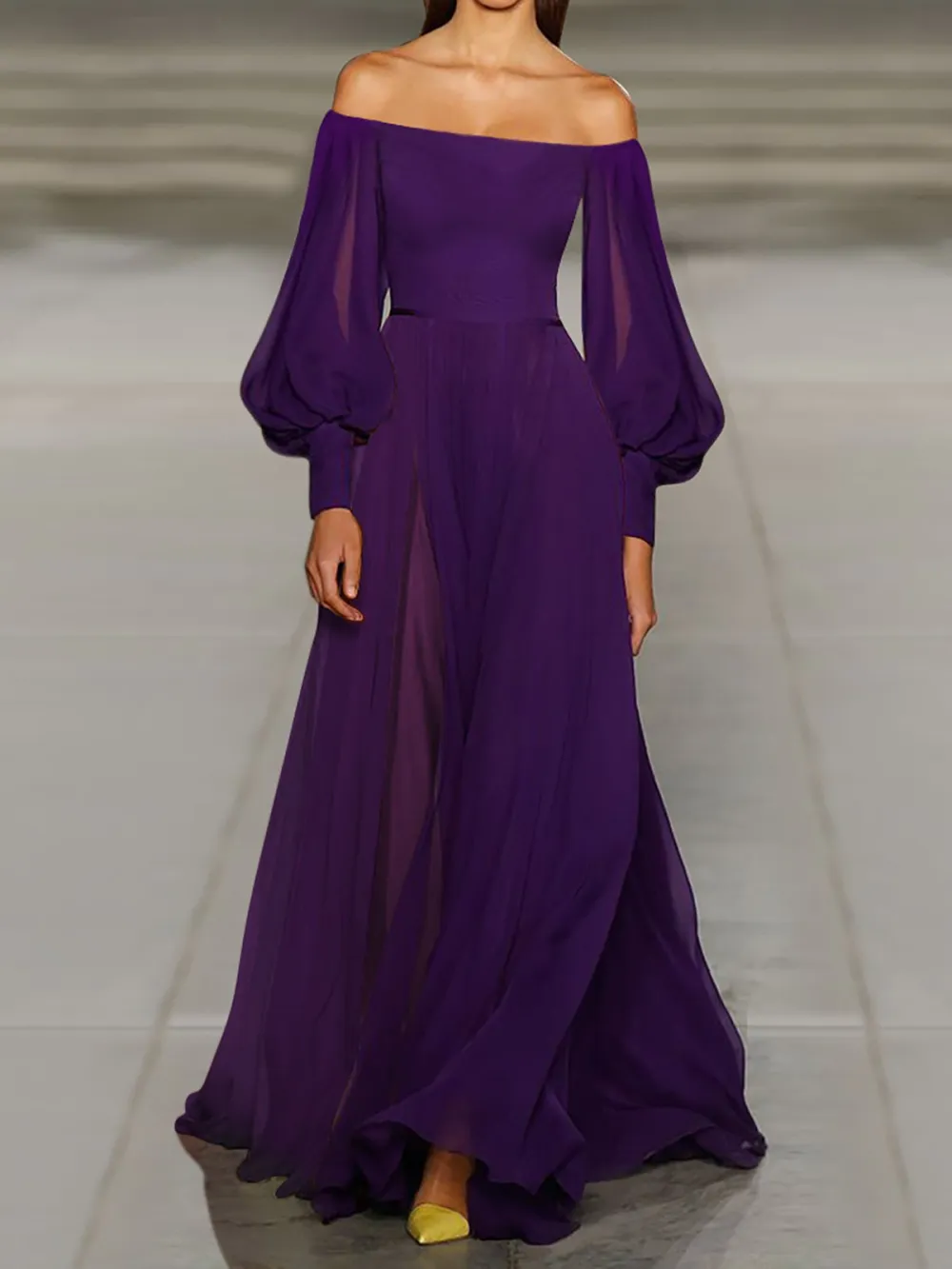 Off Shoulder Purple Prom Chiffon Maxi Dress