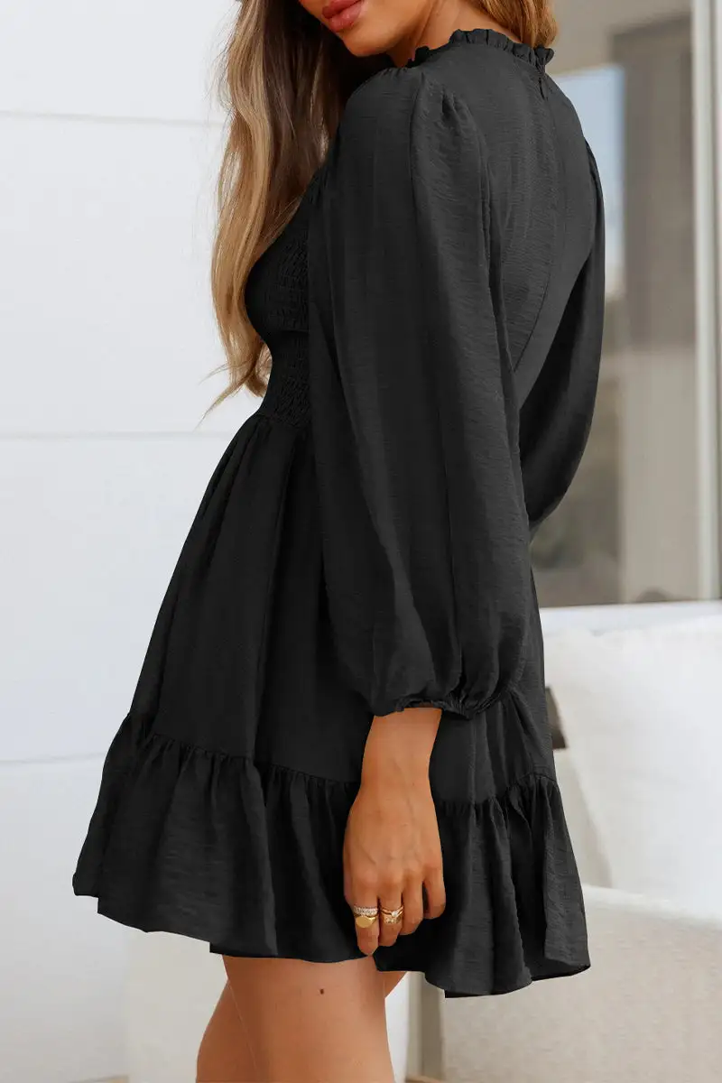 Fashion Solid Flounce O Neck Long Sleeve Dresses(11 colors)