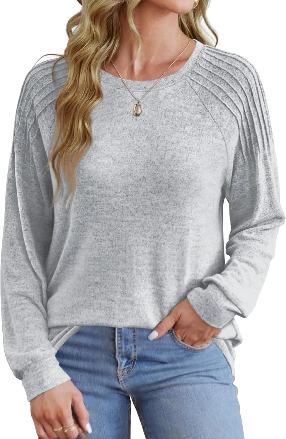 Sweatshirt for Women Crewneck Pleated Long Sleeve Shirts Tunic Tops Fashion 2024