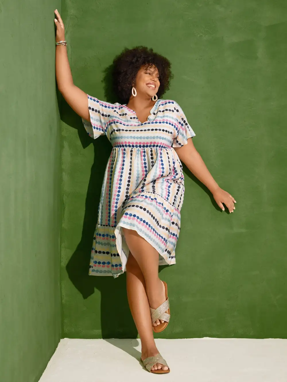 Dot Print Elastic Waist Split Neck Midi Dress