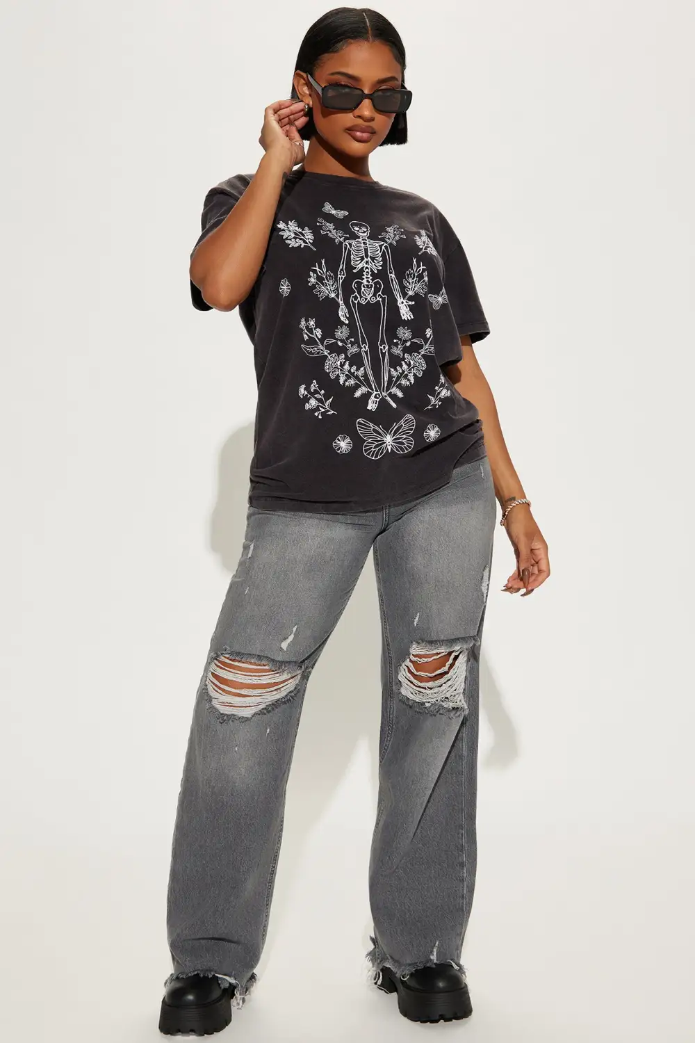 Skeleton And Flower Washed Tee - Black Wash