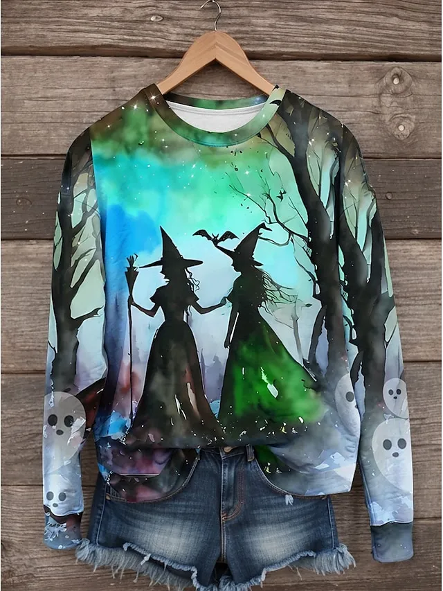 Women's Sweatshirt Halloween Witch Halloween Dailywear Print Blue Purple Orange Casual Loose Fit Crew Neck Long Sleeve Inelastic Spring Fall Winter