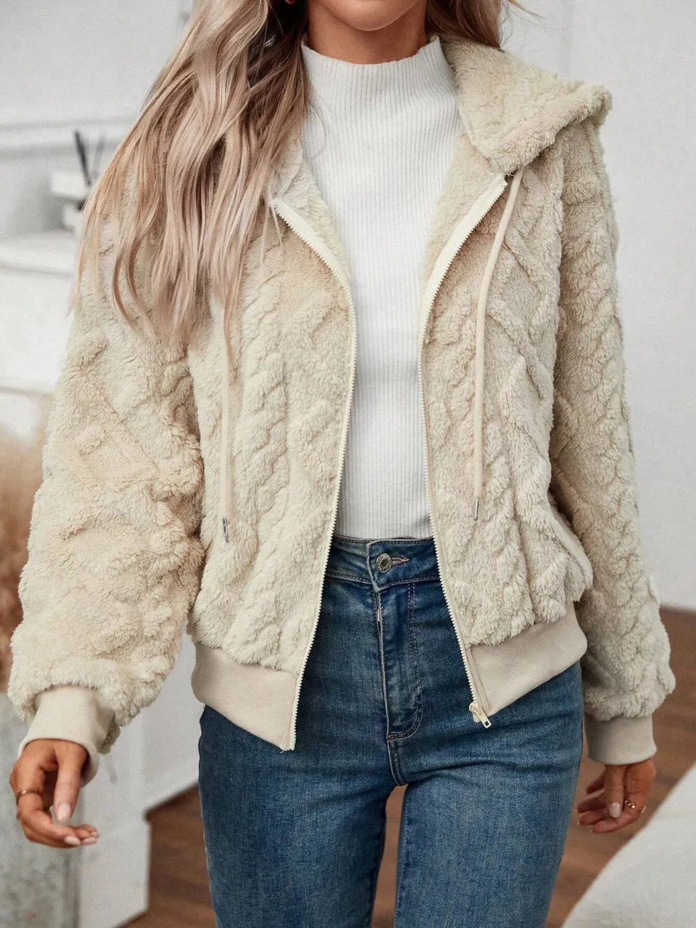 Women's Black Textured Plush Hooded Jacket