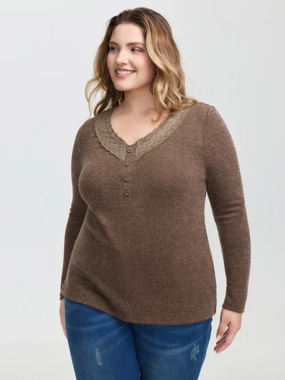 Lace Trim V-Neck Stretchy T-Shirt