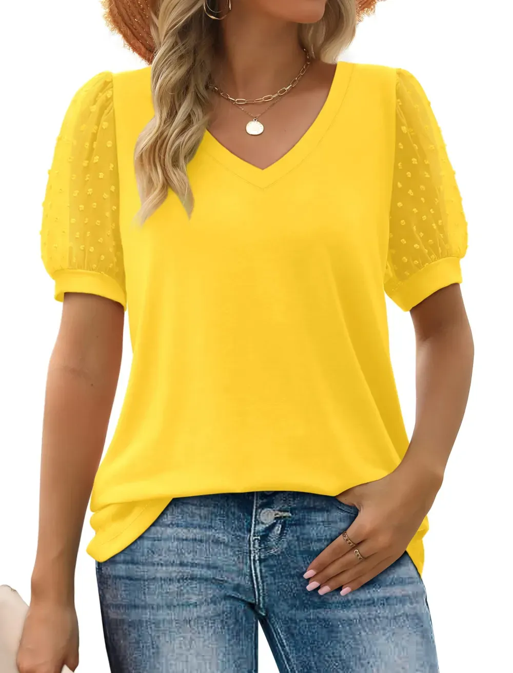 ✨New Women's Summer V Neck T Shirts Swiss Dot Puff Sleeve Tops