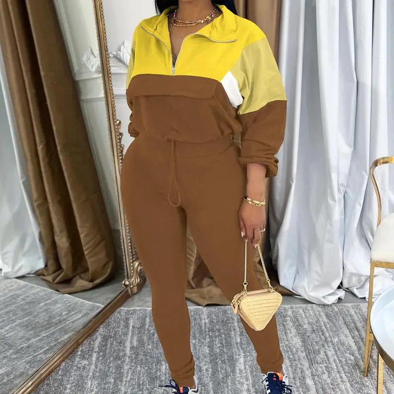 Women's Two - Piece Knit Tracksuit: Zip Jacket & Elastic Waist Pant, Pink - Blue Colorblock