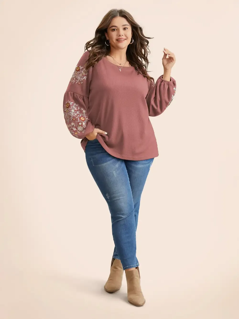 Waffle Knit Floral Embroidered Lantern Sleeve T-Shirt