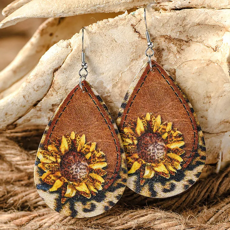 Sunflower Leopard  PU Leather Water Drop Earrings