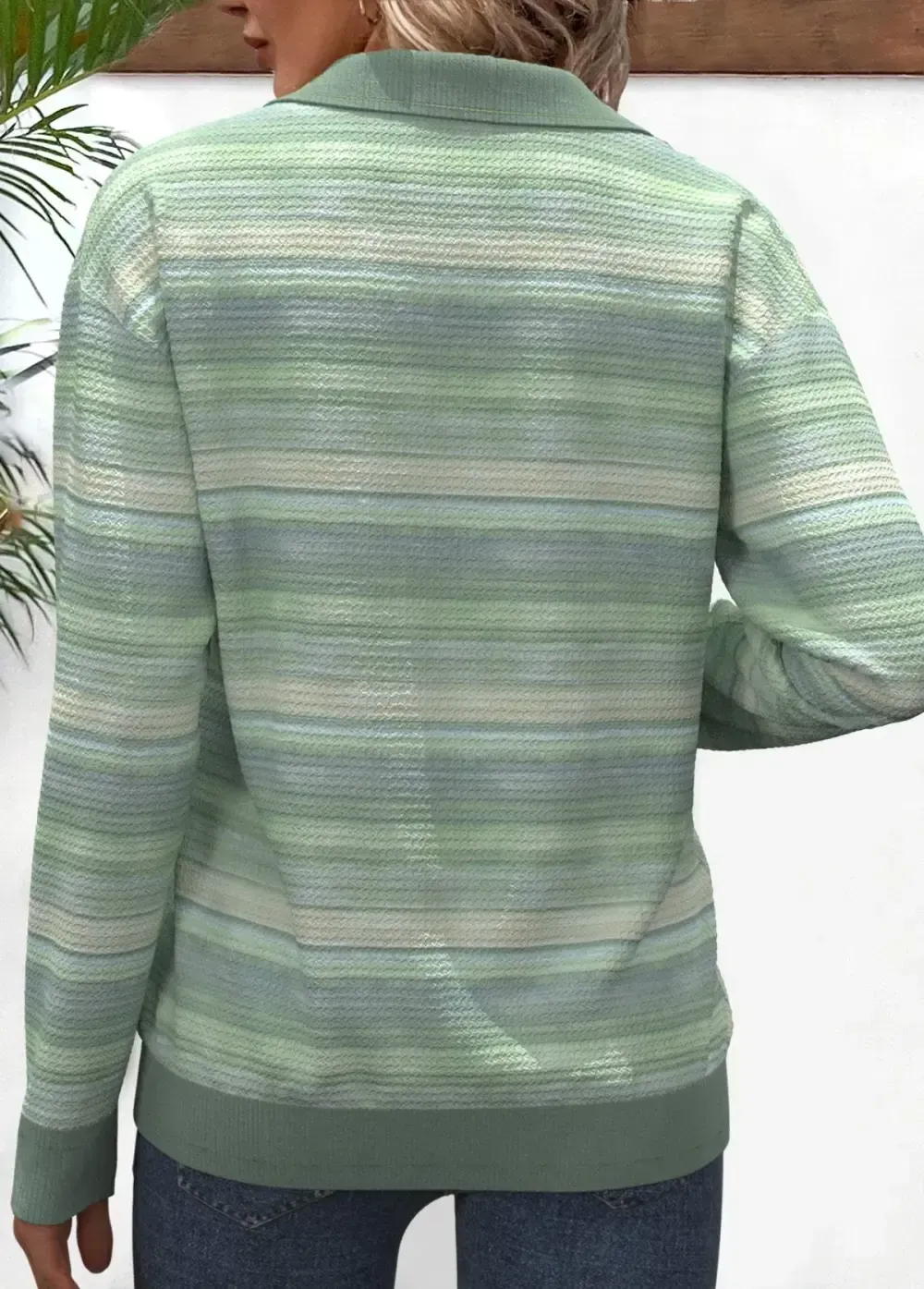 Light Green Zipper Striped Long Sleeve Sweatshirt