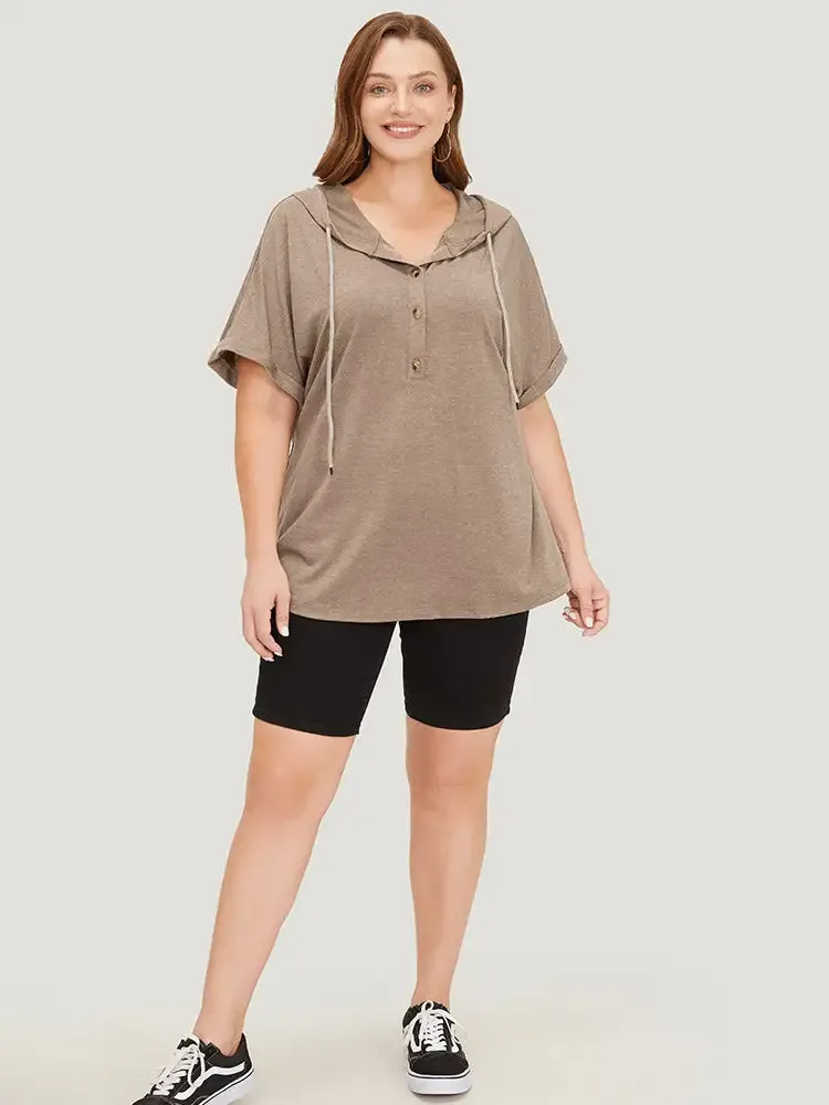 Plain Drawstring Roll Sleeve Button Up Hooded T-shirt