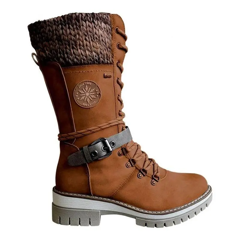 Retro Style Chunky Low Heel Lace Up Knitted Mid-Calf Boots