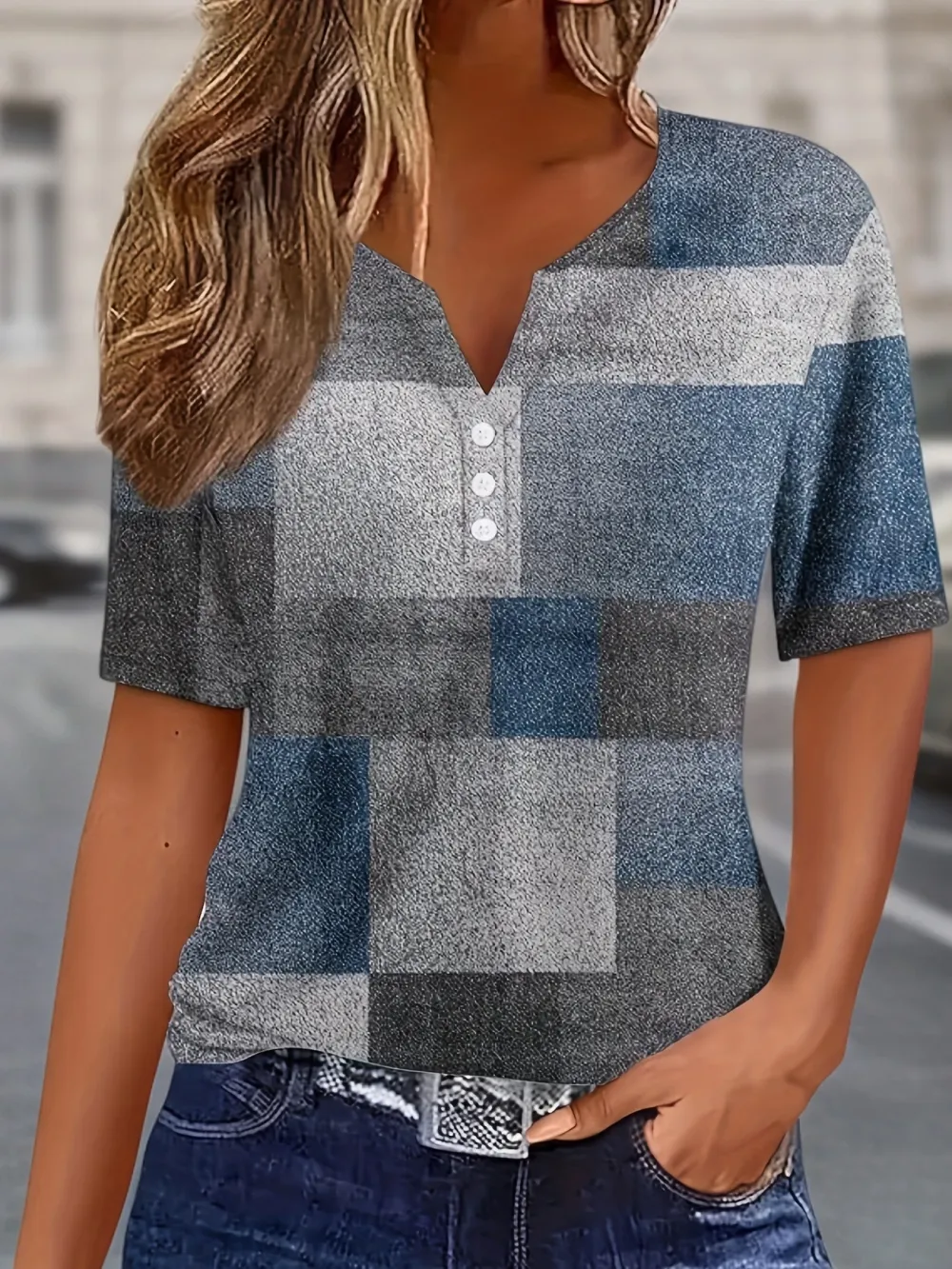 Allover Print Button Notch Neck T-Shirt