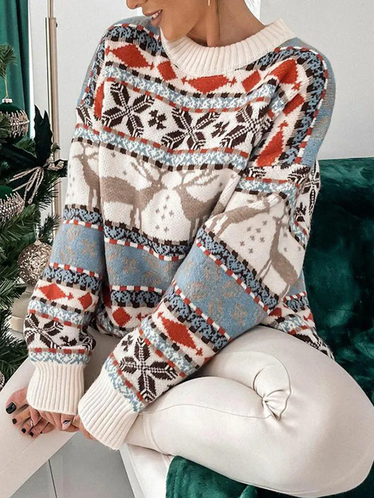 Christmas Snowflake Animal Round Neck Long Sleeve Casual Sweater
