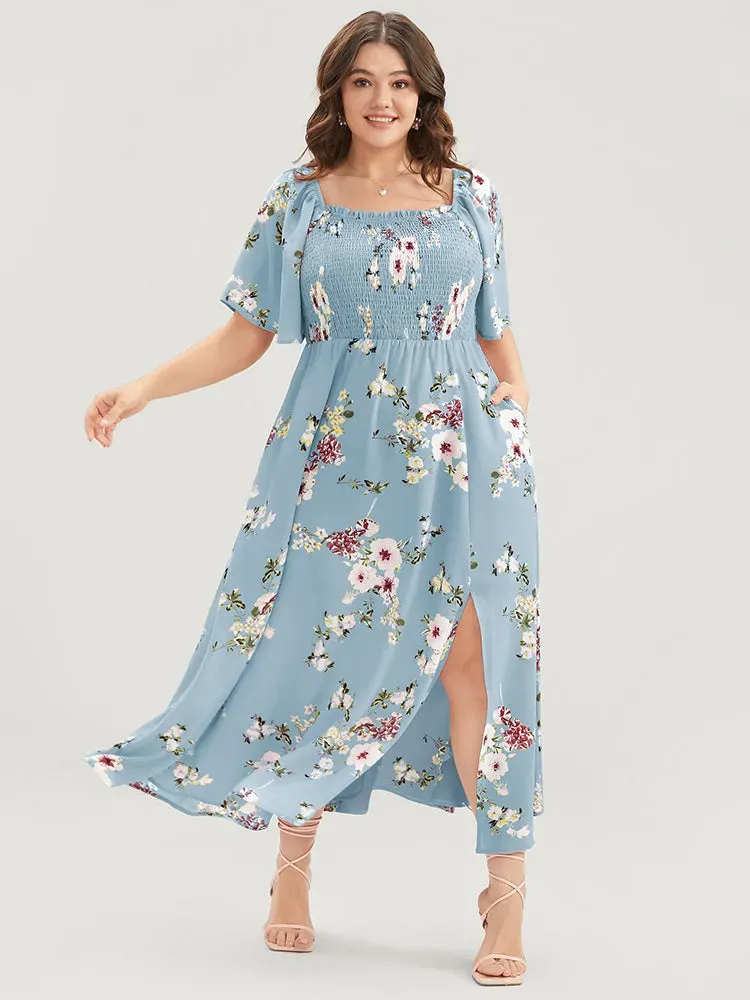 Floral Square Neck Ruffles Pocket Shirred Split Dress