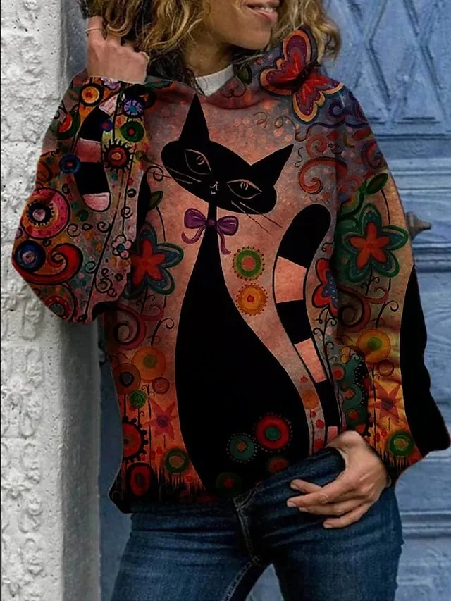 Women's Hoodie Pullover Cartoon Cat Daily Other Prints Basic Hoodies Sweatshirts  Loose Gray Purple Orange
