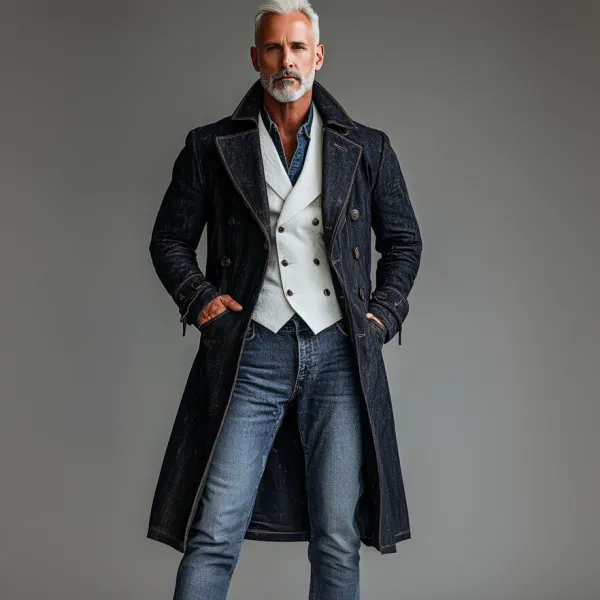 Men's Long Sleeve Double Breasted Lapel Collar Denim Trench Coat