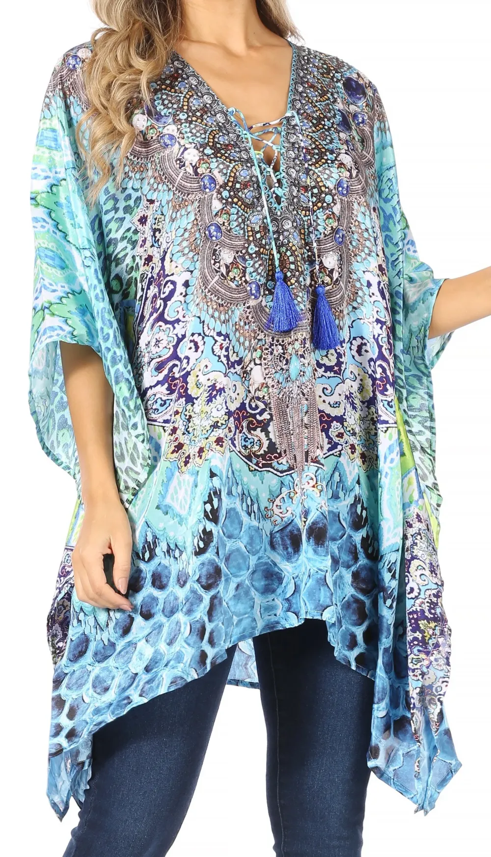 Women's Caftan Poncho Cover up V neck Top Lace up With Rhinestone