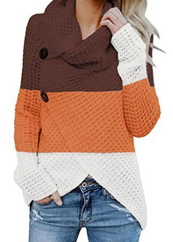 High Collar Color Block Long Sleeve Button Sweaters