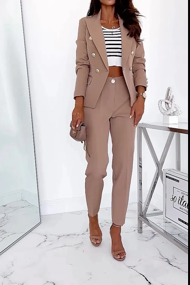 Women's Fashion Solid Color Slimming Button Jacket Pants Two Piece Set