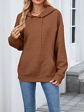 Women's Texture Blouse Pullover Hoodie Sweatshirt Plain Streetwear Casual Long Sleeve Hooded Regular Tops Street Holiday Going out Pocket Black Pink Brown Khaki Gray Fall