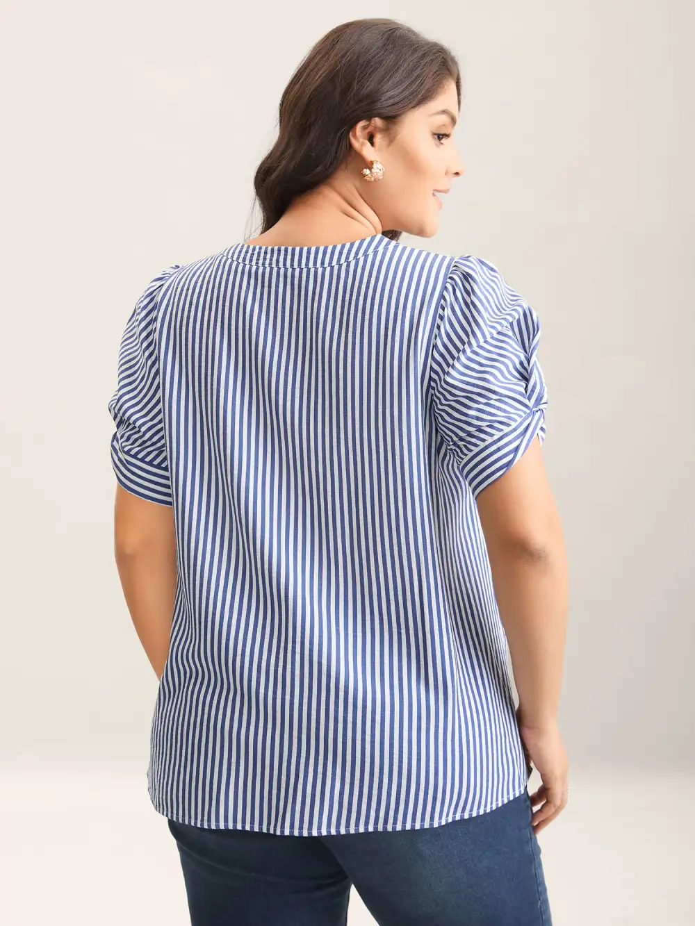 Stripes Knotted Sleeve Notched Collar Blouse