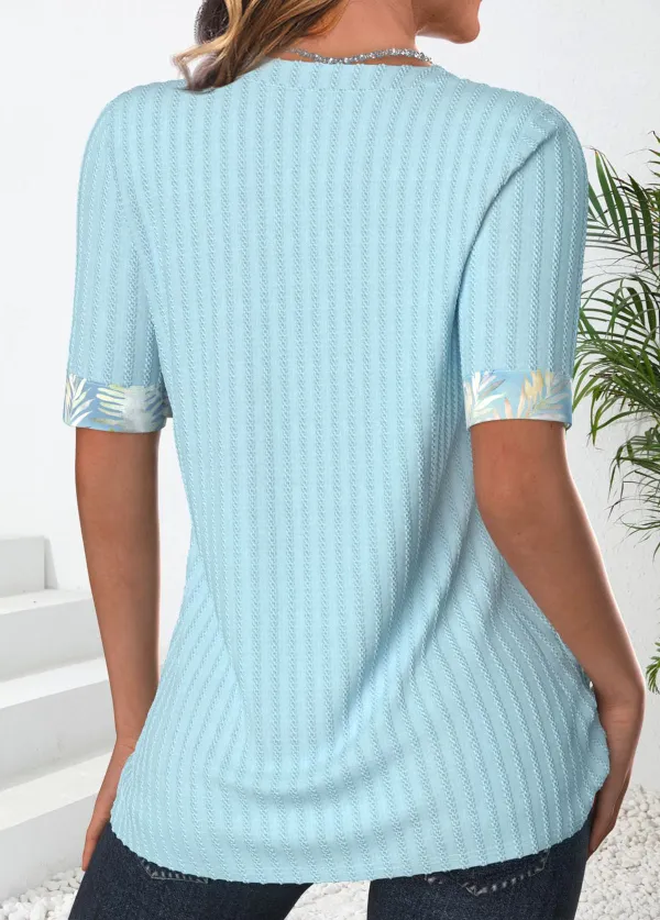 Patchwork Leaf Print Light Blue Square Neck T Shirt