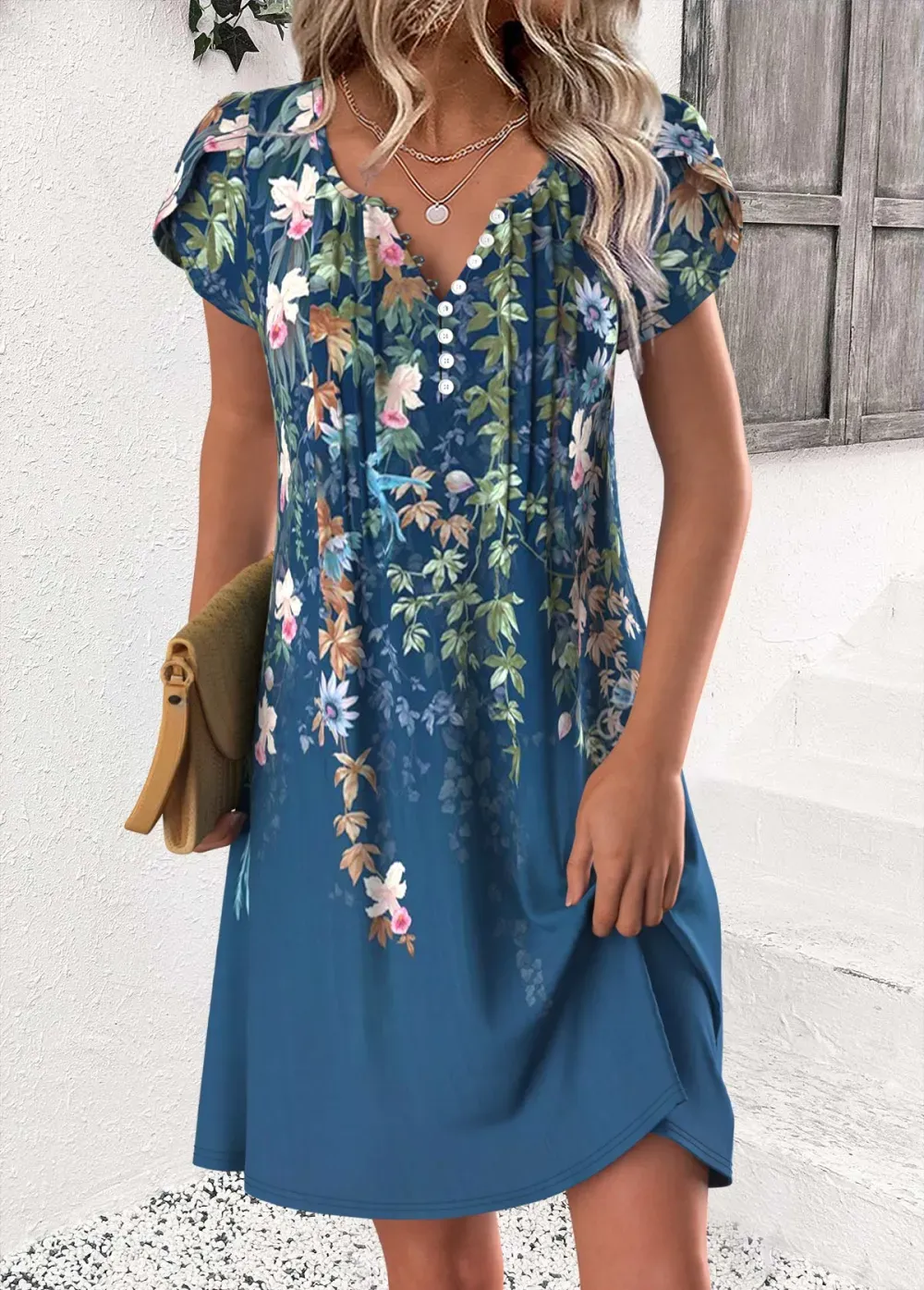 Peacock Blue Floral Print Short Split Neck Dress