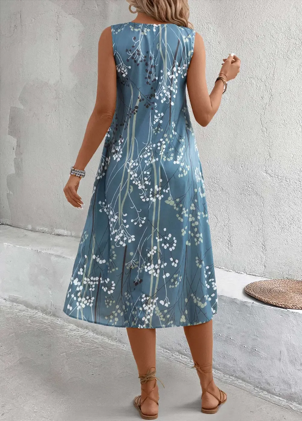Dusty Blue Plants Print A Line Sleeveless Dress