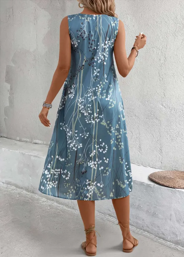 Dusty Blue Plants Print A Line Sleeveless Dress