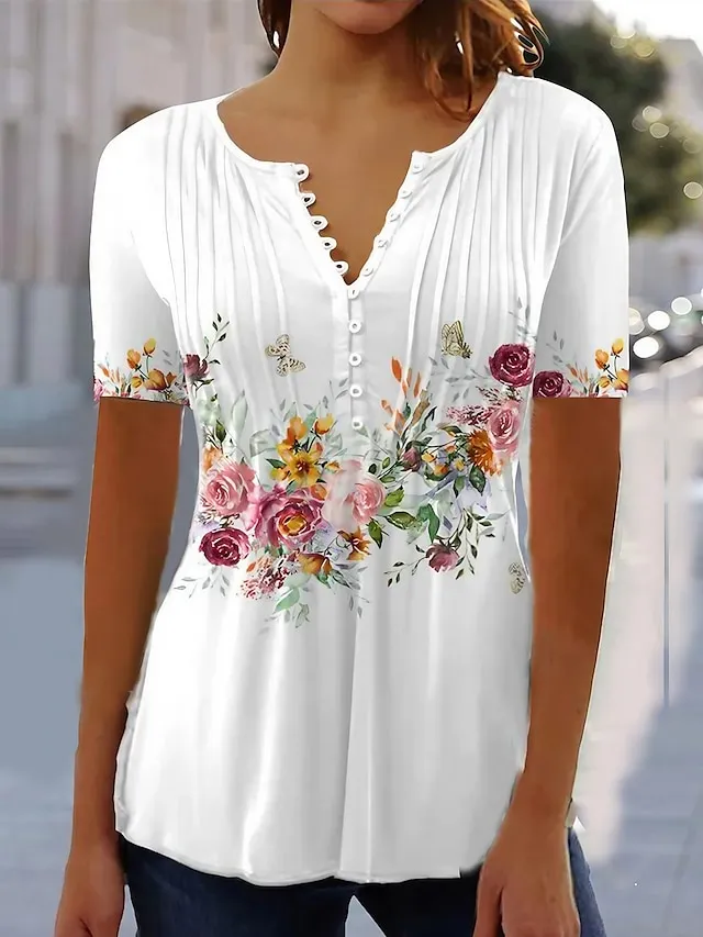 Women's Shirt Blouse White Pink Blue Floral Button Print Short Sleeve Casual Holiday Tunic Basic Round Neck Regular Fit Floral