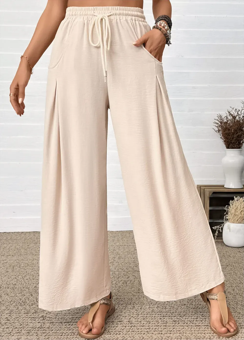 Raw White Wide Leg Elastic Waist High Waisted Pants