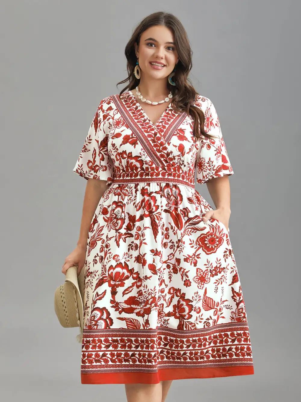 Floral Print Wrap-Neck Pocket Midi Dress
